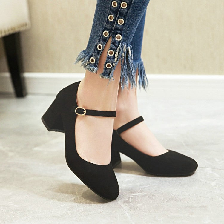 Women's Pumps Suede Round Toe Ankle Strap Block Heel Shoes