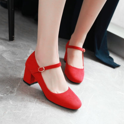 Women's Pumps Suede Round Toe Ankle Strap Block Heel Shoes