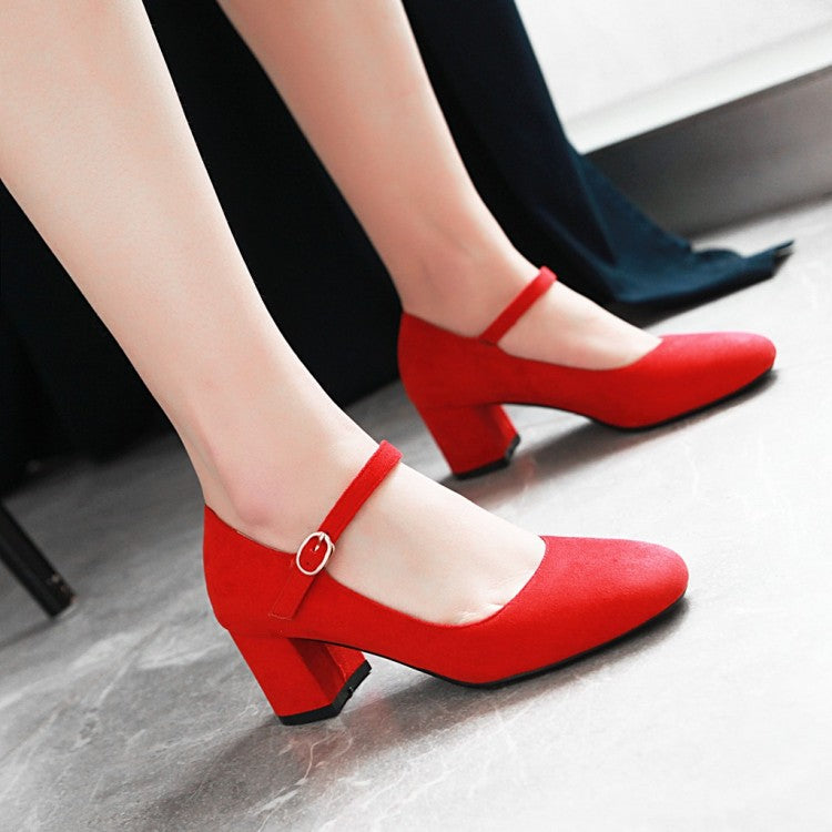 Women's Pumps Suede Round Toe Ankle Strap Block Heel Shoes