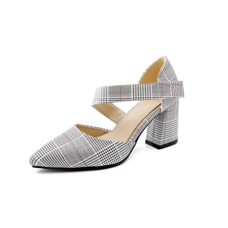 Women's's Pointed Toe Plaid Strap Block High Heel Sandals