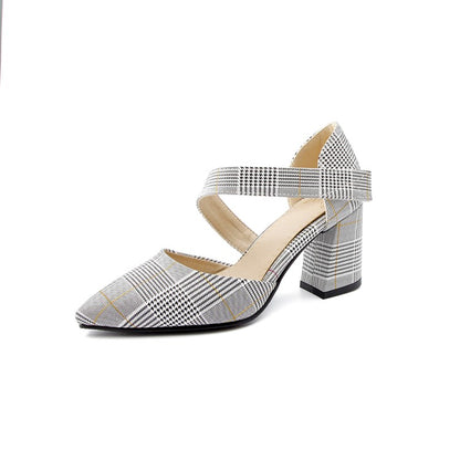 Women's's Pointed Toe Plaid Strap Block High Heel Sandals