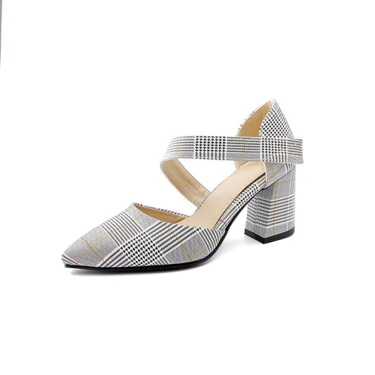 Women's's Pointed Toe Plaid Strap Block High Heel Sandals