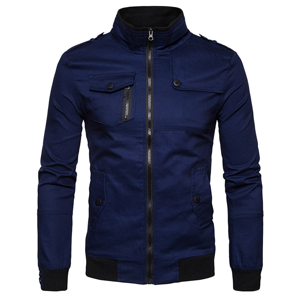 Men's Solid Color Epaulet Design Pockets Zip Up Cargo Jacket