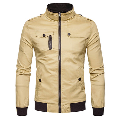 Men's Solid Color Epaulet Design Pockets Zip Up Cargo Jacket