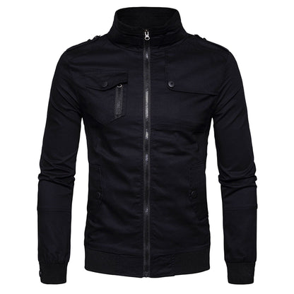 Men's Solid Color Epaulet Design Pockets Zip Up Cargo Jacket