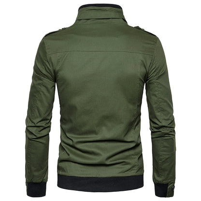 Men's Solid Color Epaulet Design Pockets Zip Up Cargo Jacket