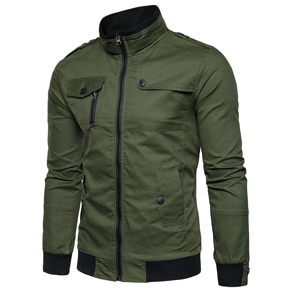 Men's Solid Color Epaulet Design Pockets Zip Up Cargo Jacket