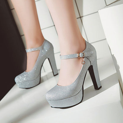 Women's Glitter High Heels Chunky Platform Pumps