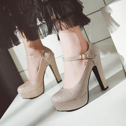 Women's Glitter High Heels Chunky Platform Pumps