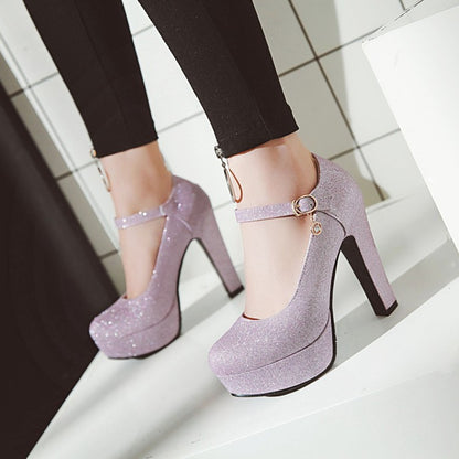 Women's Glitter High Heels Chunky Platform Pumps