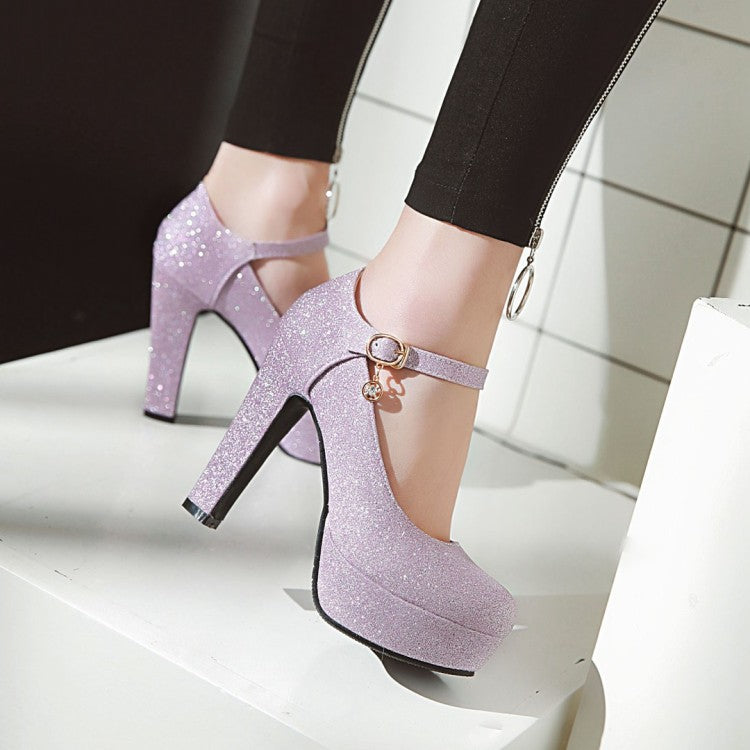 Women's Glitter High Heels Chunky Platform Pumps