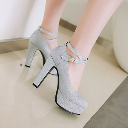 Women's Ankle Strap Gelitter High Heels Chunky Platform Pumps