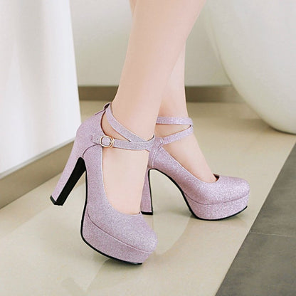 Women's Ankle Strap Gelitter High Heels Chunky Platform Pumps