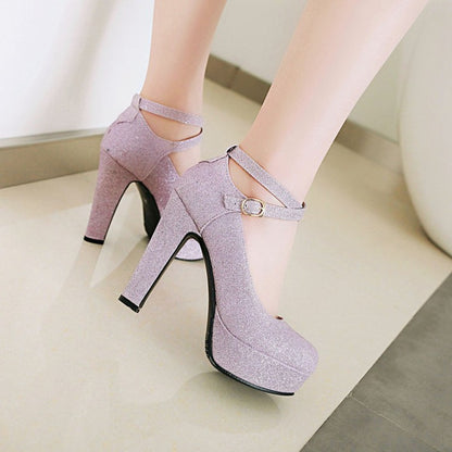 Women's Ankle Strap Gelitter High Heels Chunky Platform Pumps