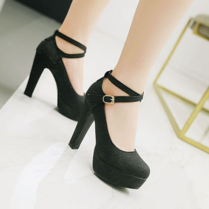 Women's Ankle Strap Gelitter High Heels Chunky Platform Pumps