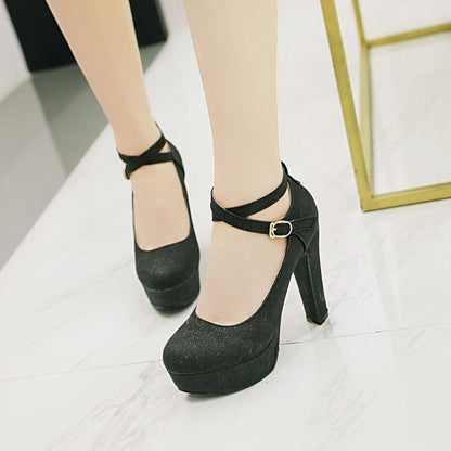 Women's Ankle Strap Gelitter High Heels Chunky Platform Pumps