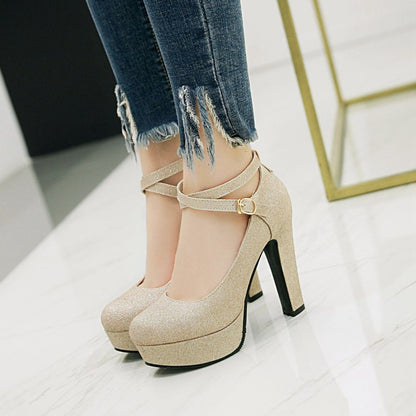 Women's Ankle Strap Gelitter High Heels Chunky Platform Pumps