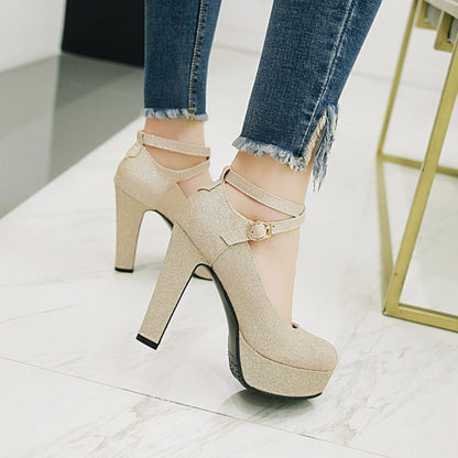 Women's Ankle Strap Gelitter High Heels Chunky Platform Pumps