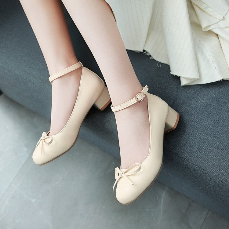 Women's Ankle Strap Knot Chunky Heels Pumps Shoes