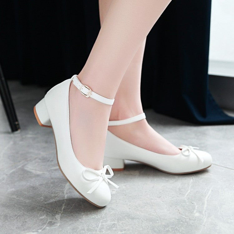 Women's Ankle Strap Knot Chunky Heels Pumps Shoes