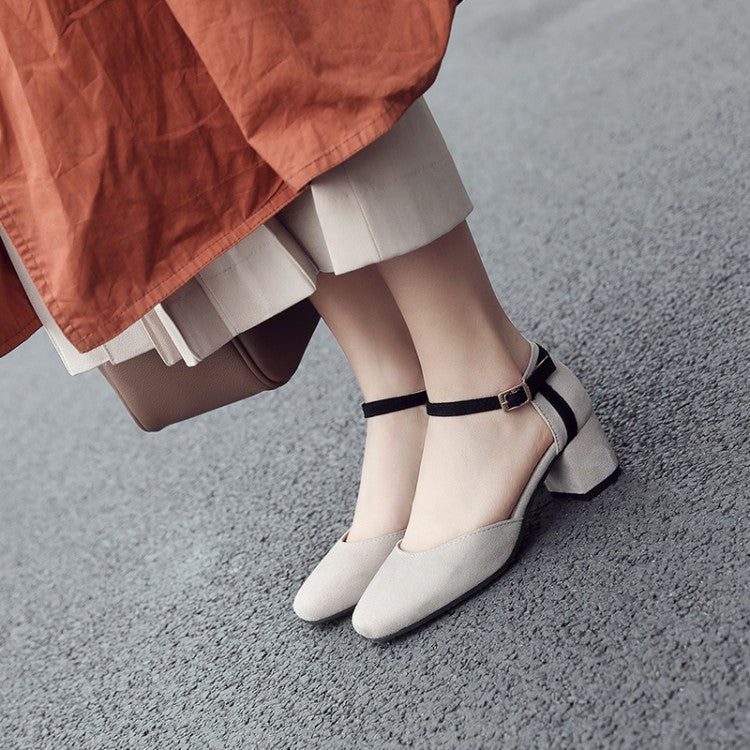 Women's Suede Color Block Ankle Strap Block Heel Sandals