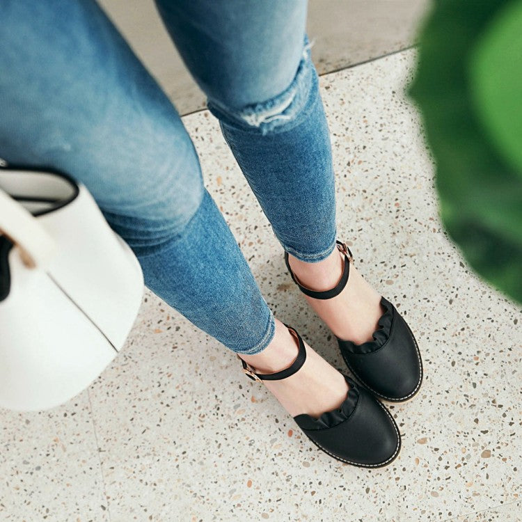 Women's Pleated Ruffles Round Toe Ankle Strap Block Heel Sandals