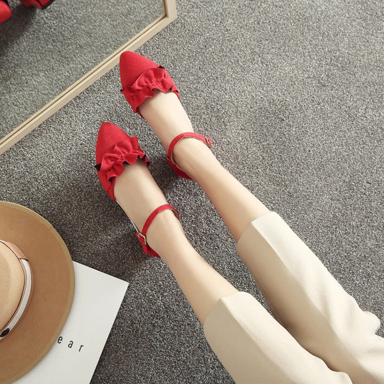 Women's Suede Pointed Toe Ruffles Ankle Strap Block Heel Sandals