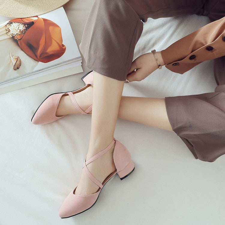 Women's Suede Pointed Toe Ankle Strap Block Heel Sandals