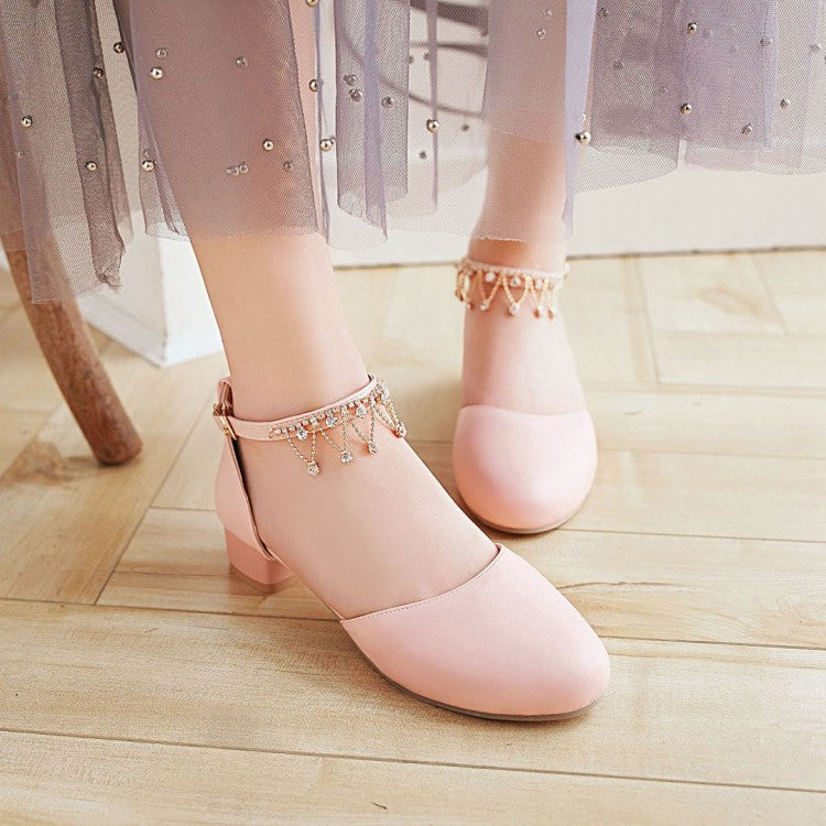 Women's Solid Color Round Toe Pearls Rhinestone Ankle Strap Block Heel Low Heels Sandals