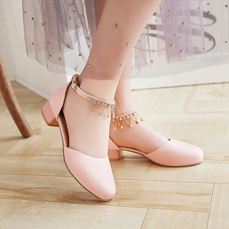 Women's Solid Color Round Toe Pearls Rhinestone Ankle Strap Block Heel Low Heels Sandals