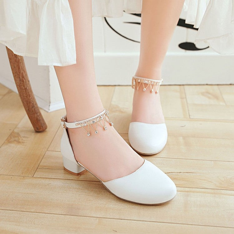 Women's Solid Color Round Toe Pearls Rhinestone Ankle Strap Block Heel Low Heels Sandals