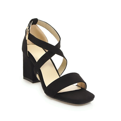 Women's Solid Color Suede Cross Ankle Strap Block Heel Sandals