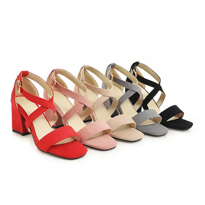 Women's Solid Color Suede Cross Ankle Strap Block Heel Sandals