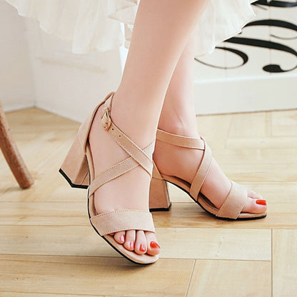 Women's Solid Color Suede Cross Ankle Strap Block Heel Sandals