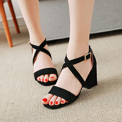 Women's Solid Color Suede Cross Ankle Strap Block Heel Sandals