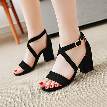 Women's Solid Color Suede Cross Ankle Strap Block Heel Sandals