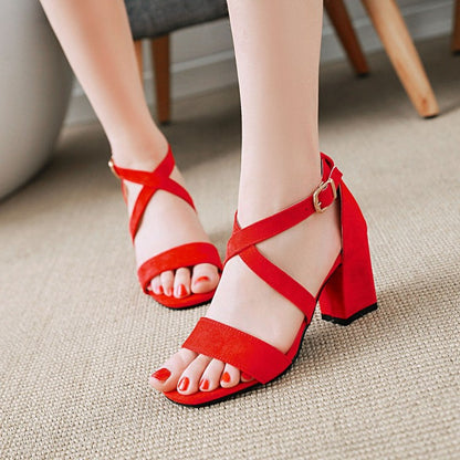 Women's Solid Color Suede Cross Ankle Strap Block Heel Sandals