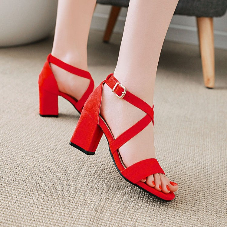 Women's Solid Color Suede Cross Ankle Strap Block Heel Sandals