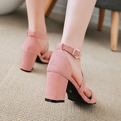 Women's Solid Color Suede Cross Ankle Strap Block Heel Sandals