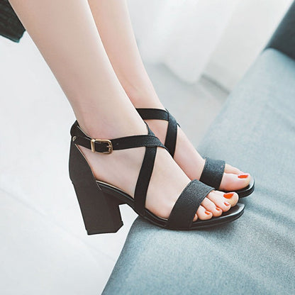 Women's Sparkling Cross Ankle Strap Block Heel Sandals