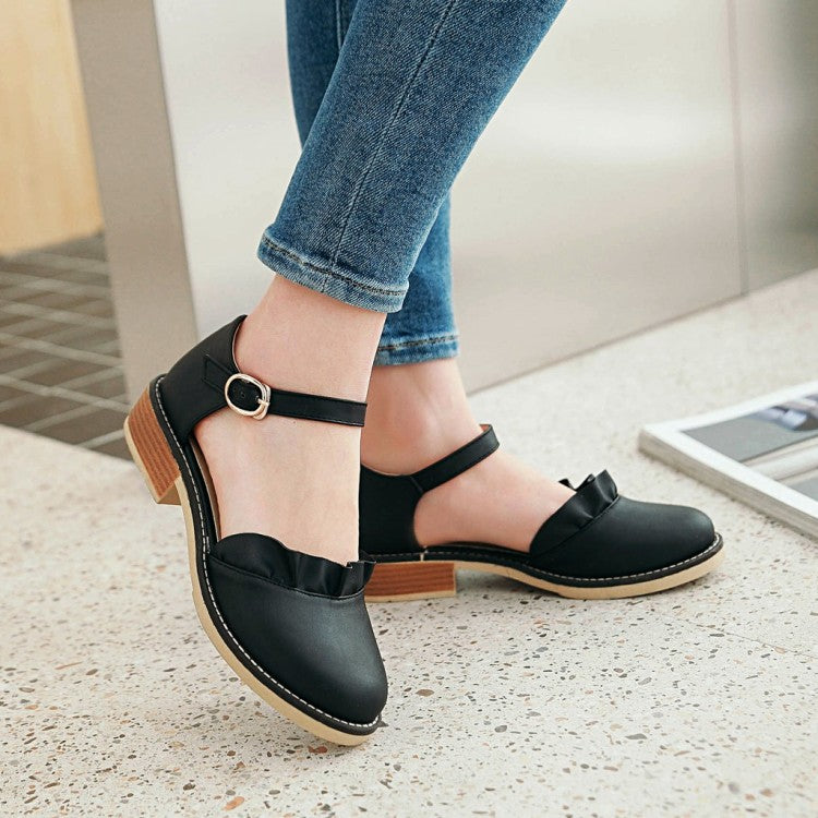 Women's Solid Color Ruffles Ankle Strap Buckle Block Heel Sandals