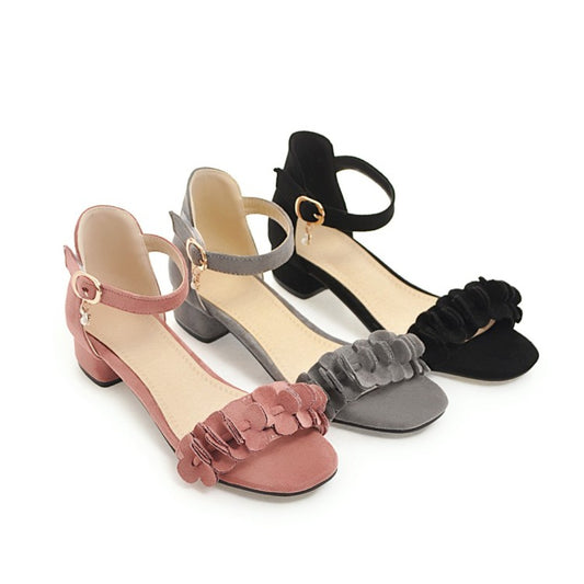 Women's Solid Color Pleated Ankle Strap Hollow Out Low Block Heels Sandals