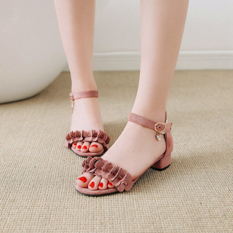 Women's Solid Color Pleated Ankle Strap Hollow Out Low Block Heels Sandals