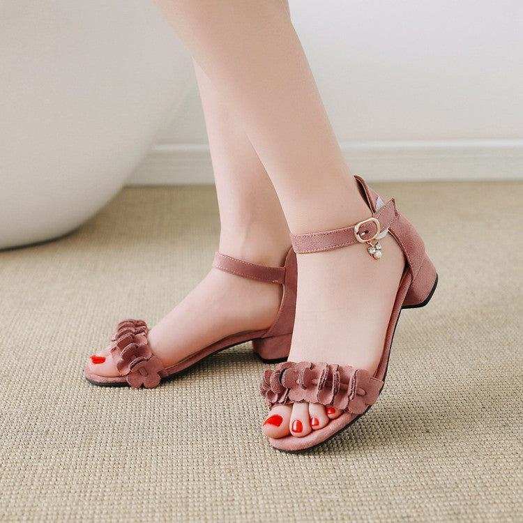 Women's Solid Color Pleated Ankle Strap Hollow Out Low Block Heels Sandals