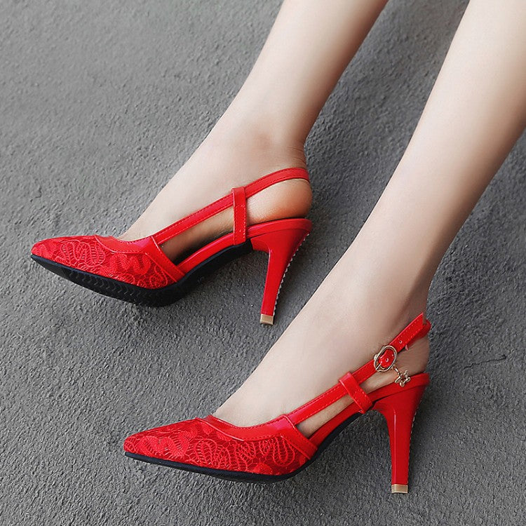 Women's's Pointed Toe Embossed Lace Buckle Strap Stiletto Heels Sandals