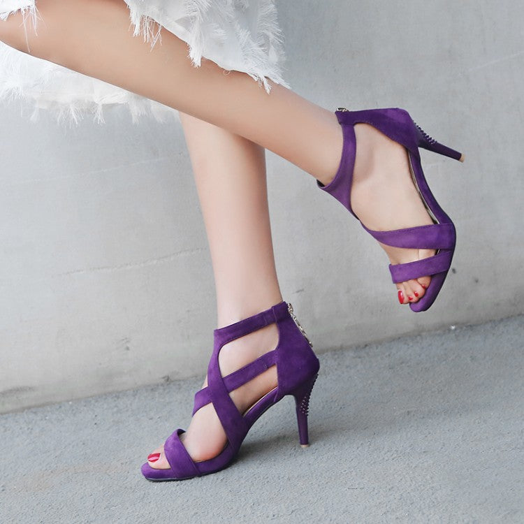 Women's Frosted Solid Color Ankle Wrap Stiletto Heels Sandals