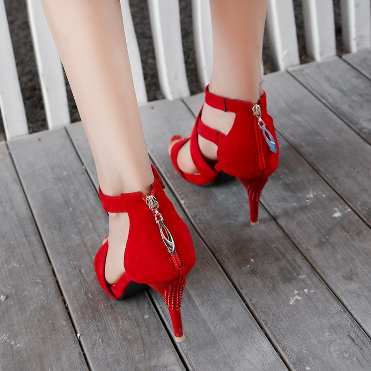 Women's Frosted Solid Color Ankle Wrap Stiletto Heels Sandals