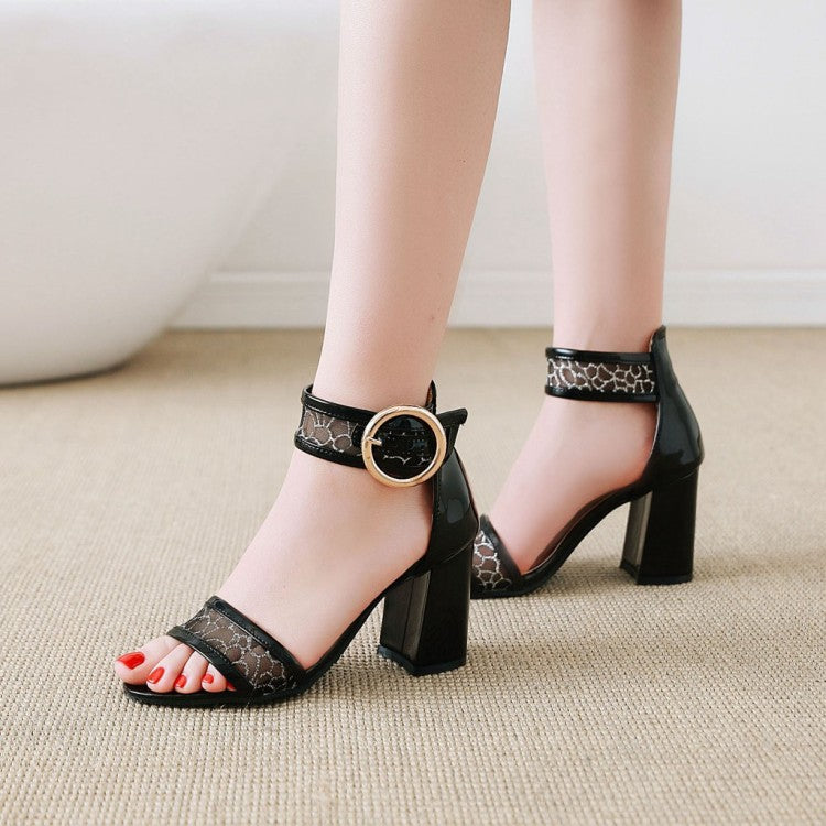 Women's's Glossy Mesh Ankle Wrap Metal Block Heels Sandals