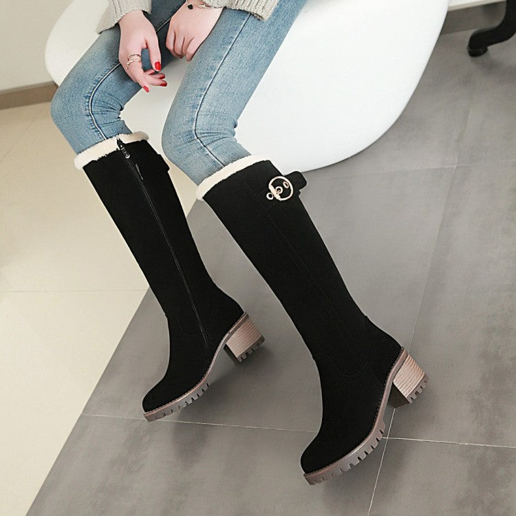 Women's Suede Stitching Buckles Belts Fur Block Heel Platform Knee High Boots
