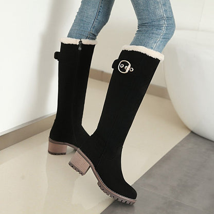 Women's Suede Stitching Buckles Belts Fur Block Heel Platform Knee High Boots